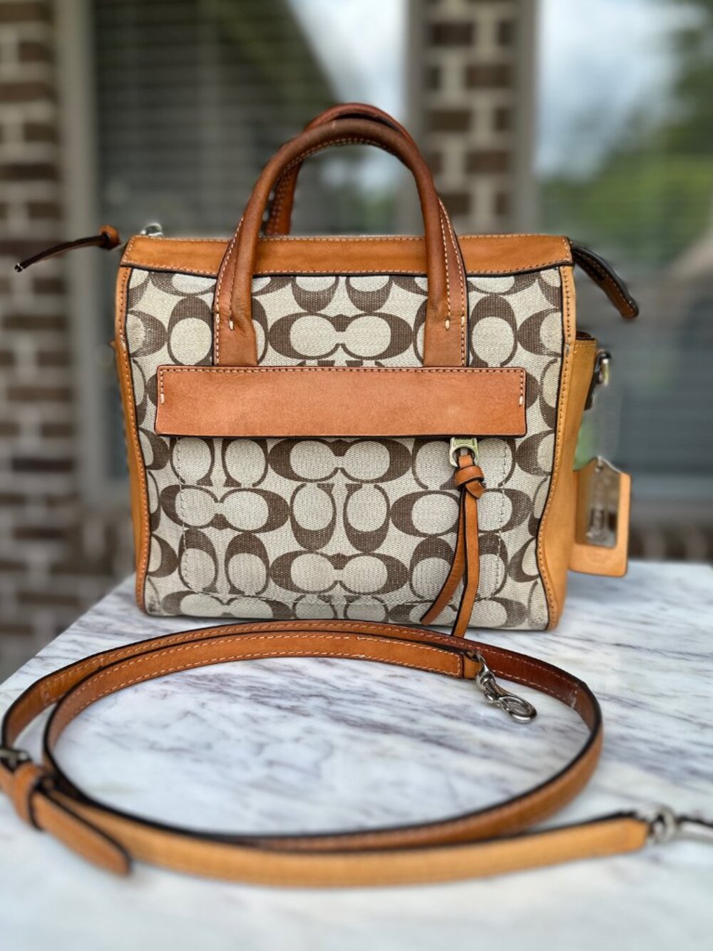 Coach Bleecker Brown Khaki Vachetta Signature Mini Riley Carryall Handbag 30168
